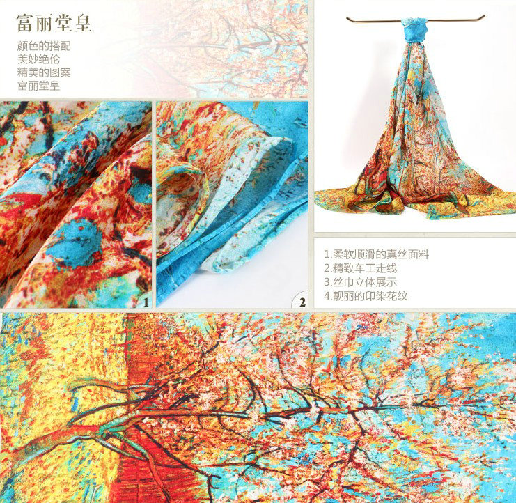 Luxury autumn and winter female 100% mulberry silk print scarf shawl wrap - Blue