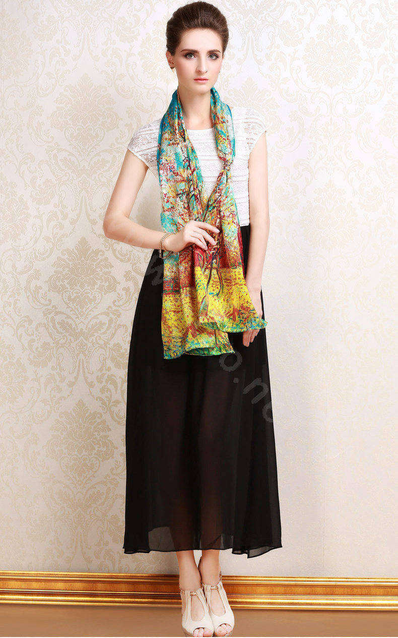 Luxury autumn and winter female 100% mulberry silk print scarf shawl wrap - Blue
