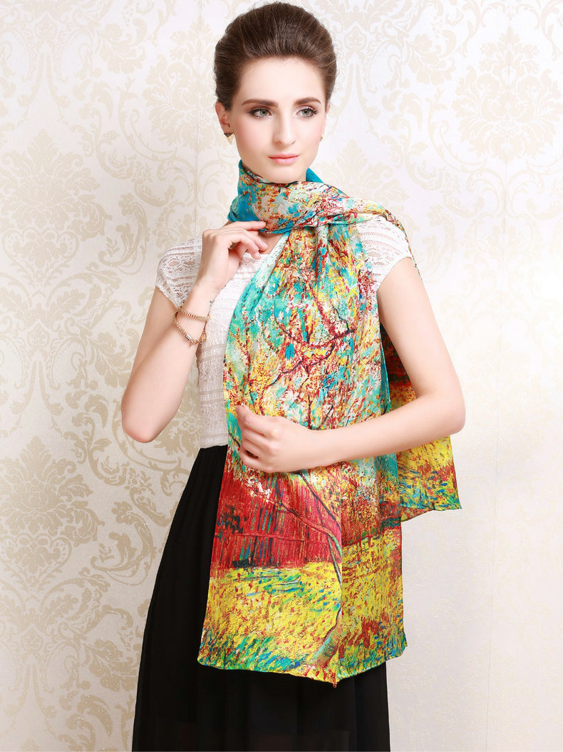 Luxury autumn and winter female 100% mulberry silk print scarf shawl wrap - Blue