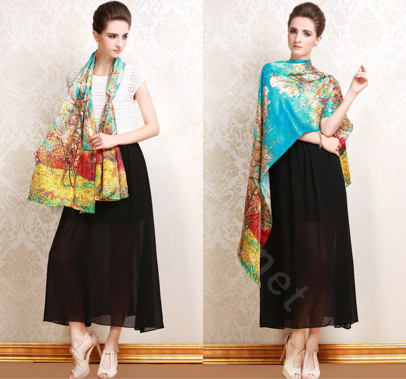 Luxury autumn and winter female 100% mulberry silk print scarf shawl wrap - Blue