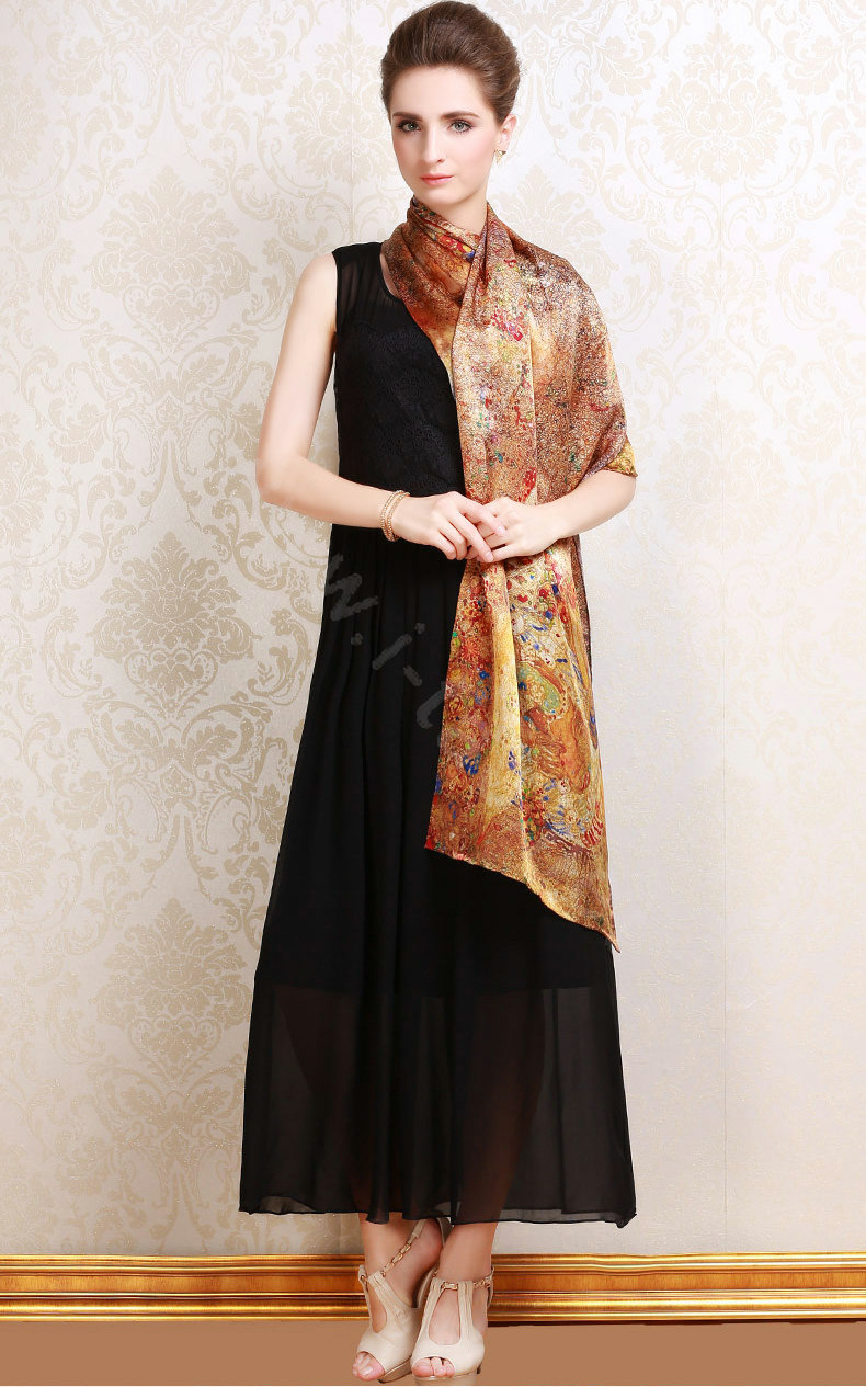 Luxury autumn and winter female flower 100% mulberry silk print scarf shawl wrap - Gold