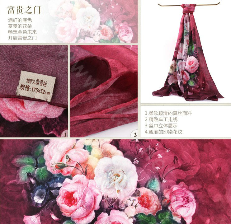 Luxury autumn and winter female flower 100% mulberry silk print scarf shawl wrap - Rose