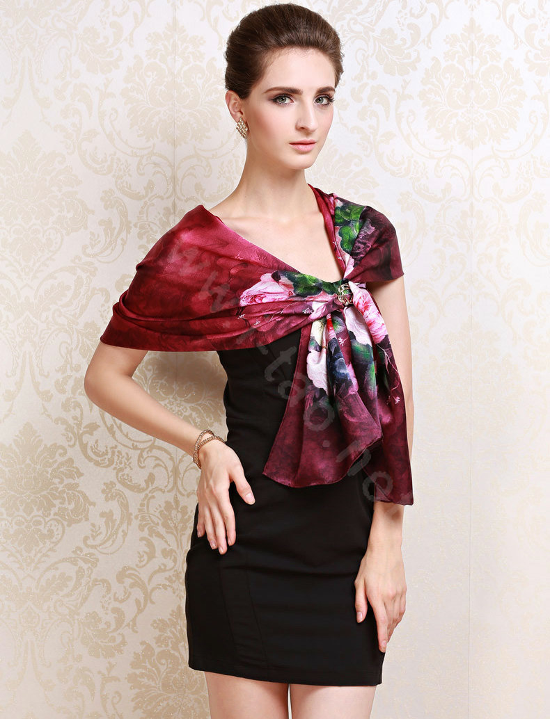 Luxury autumn and winter female flower 100% mulberry silk print scarf shawl wrap - Rose