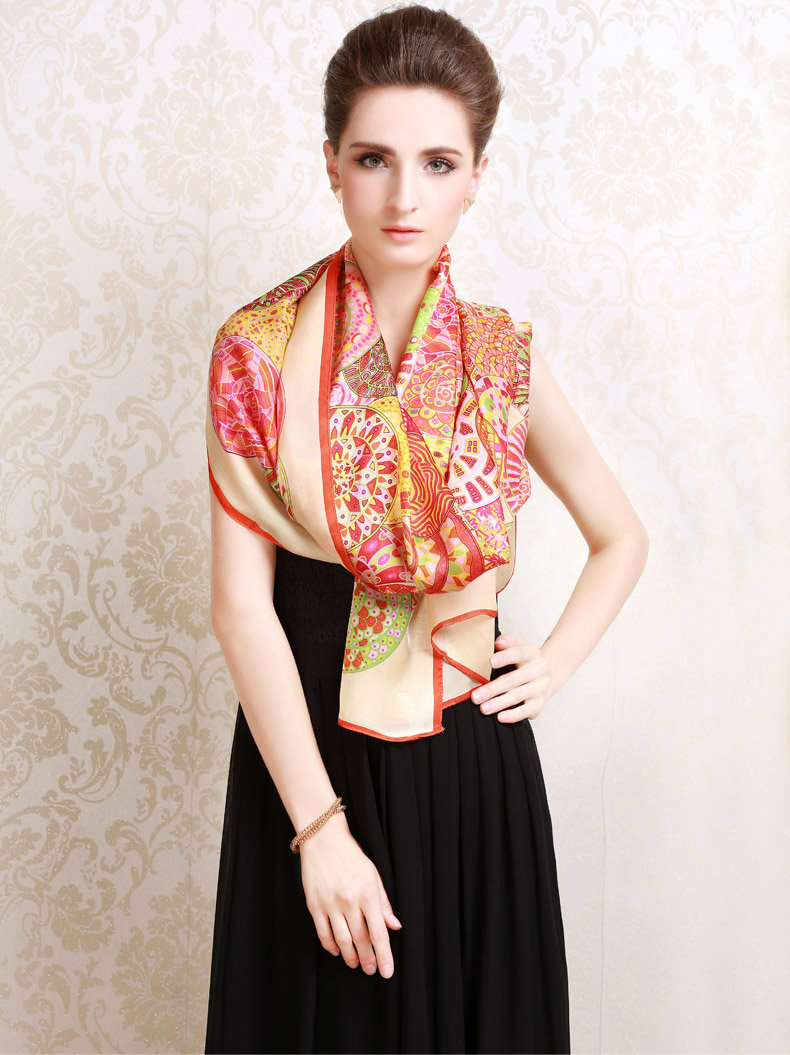 Luxury autumn and winter female long 100% mulberry silk print scarf shawl wrap - Beige