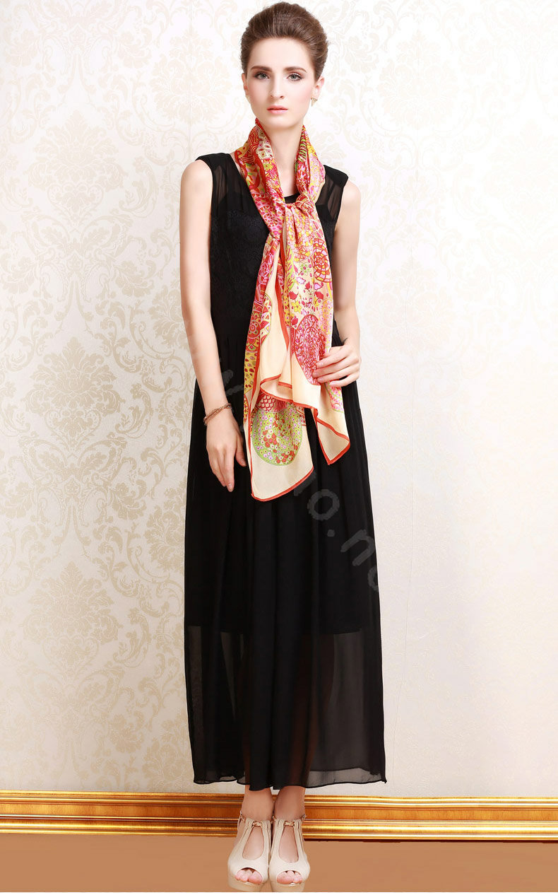 Luxury autumn and winter female long 100% mulberry silk print scarf shawl wrap - Beige