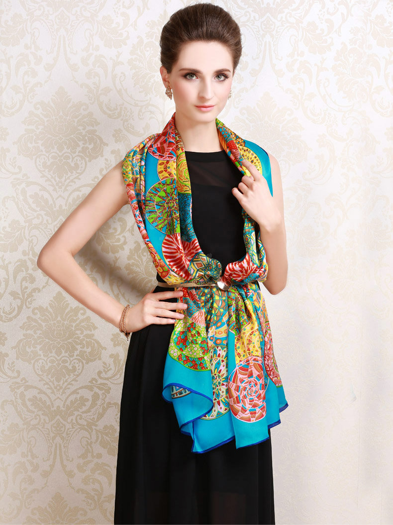 Luxury autumn and winter female long 100% mulberry silk print scarf shawl wrap - Blue