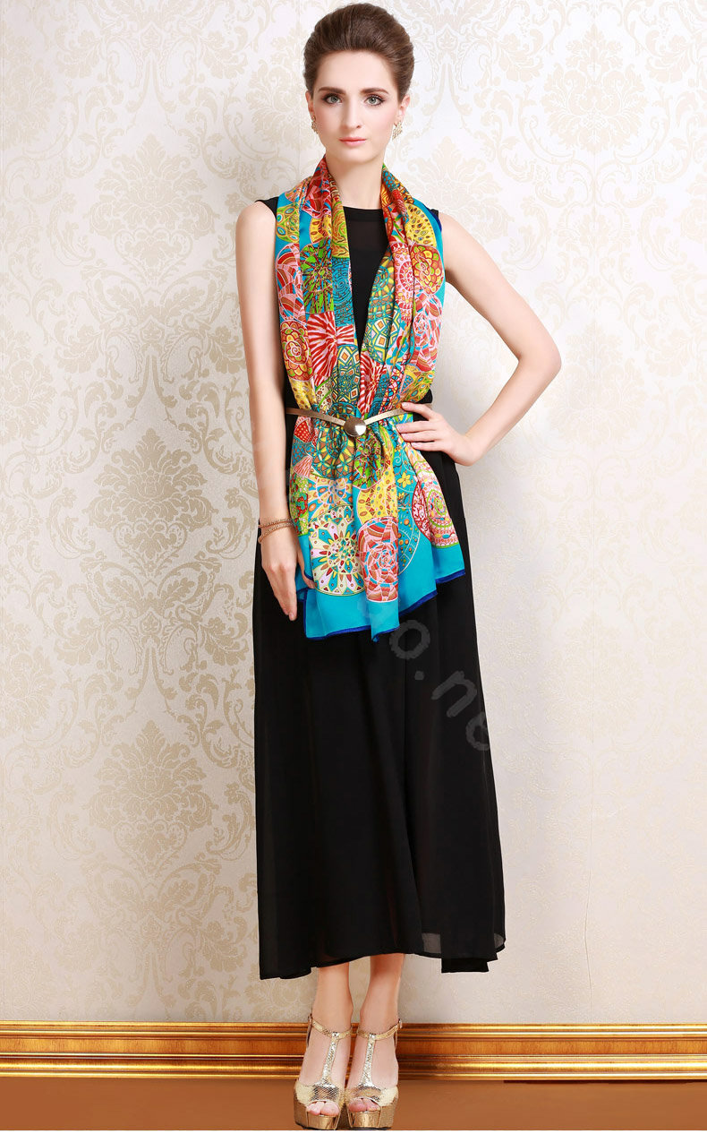 Luxury autumn and winter female long 100% mulberry silk print scarf shawl wrap - Blue