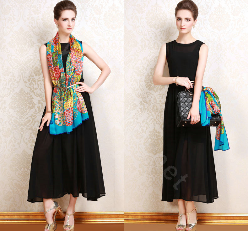 Luxury autumn and winter female long 100% mulberry silk print scarf shawl wrap - Blue