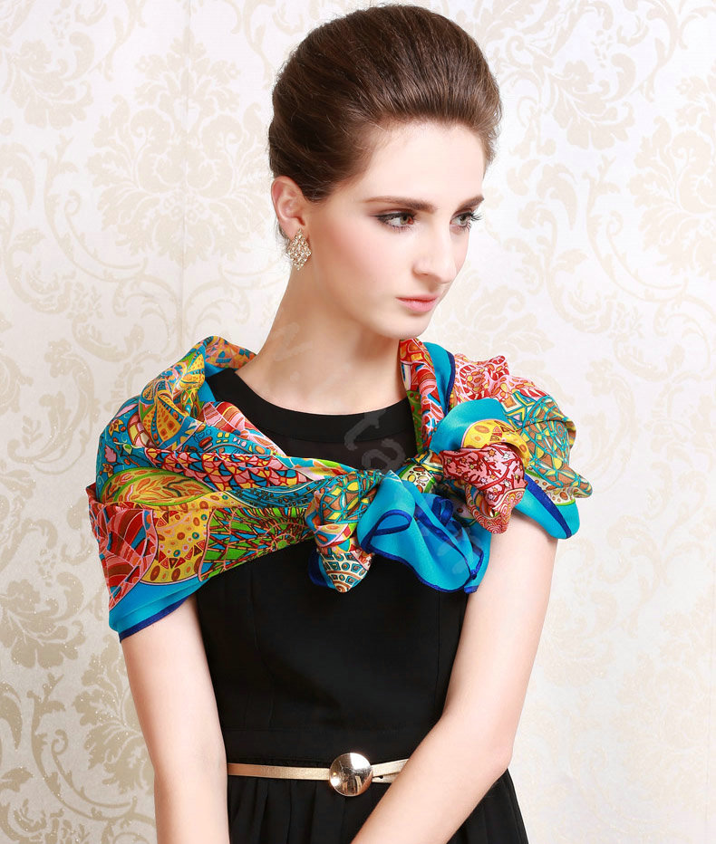 Luxury autumn and winter female long 100% mulberry silk print scarf shawl wrap - Blue