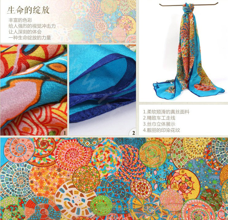Luxury autumn and winter female long 100% mulberry silk print scarf shawl wrap - Blue