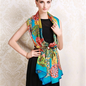 Luxury autumn and winter female long 100% mulberry silk print scarf shawl wrap - Blue