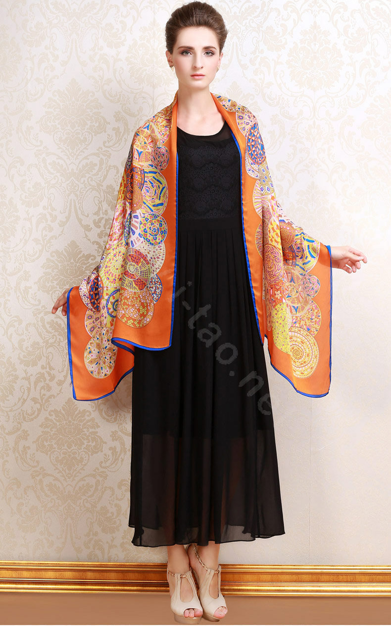 Luxury autumn and winter female long 100% mulberry silk print scarf shawl wrap - Orange