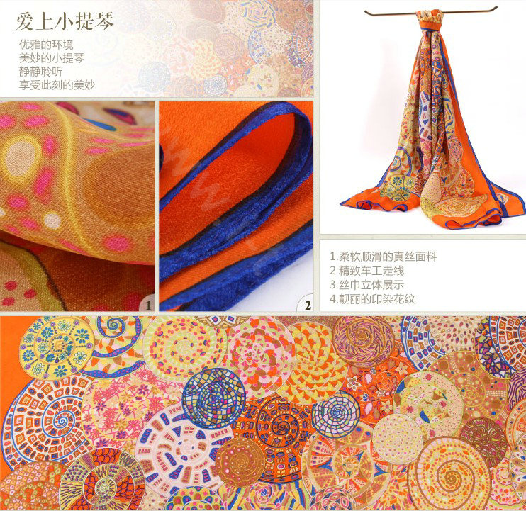 Luxury autumn and winter female long 100% mulberry silk print scarf shawl wrap - Orange