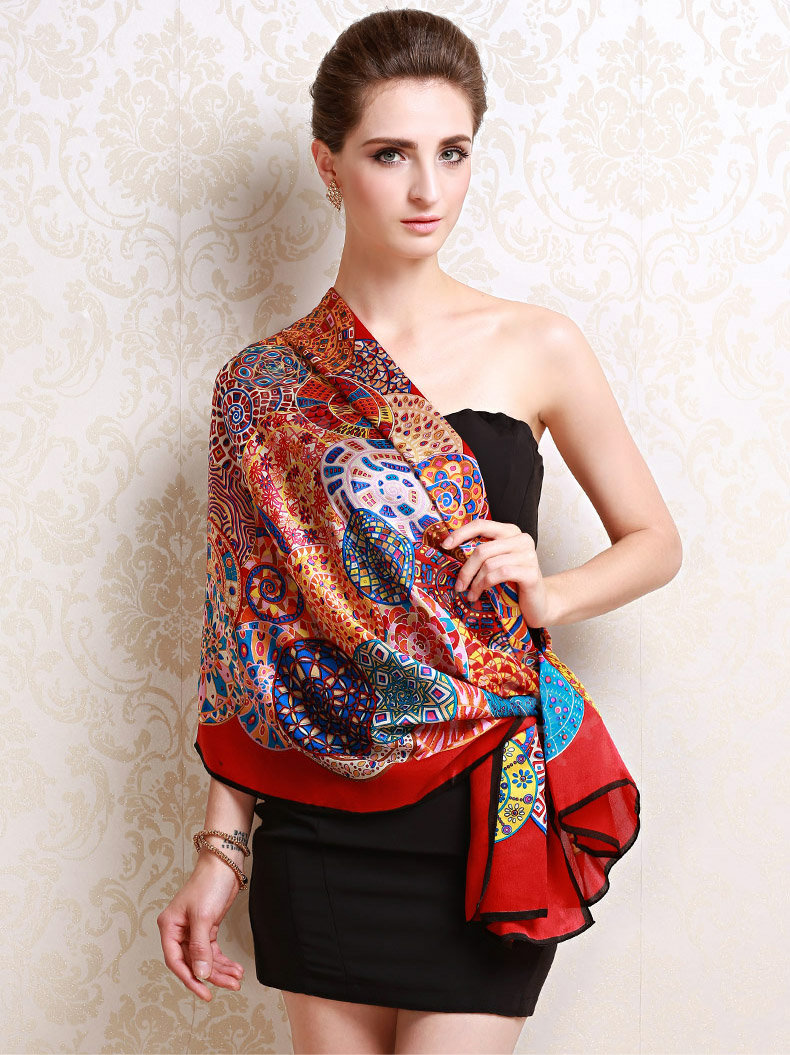 Luxury autumn and winter female long 100% mulberry silk print scarf shawl wrap - Red