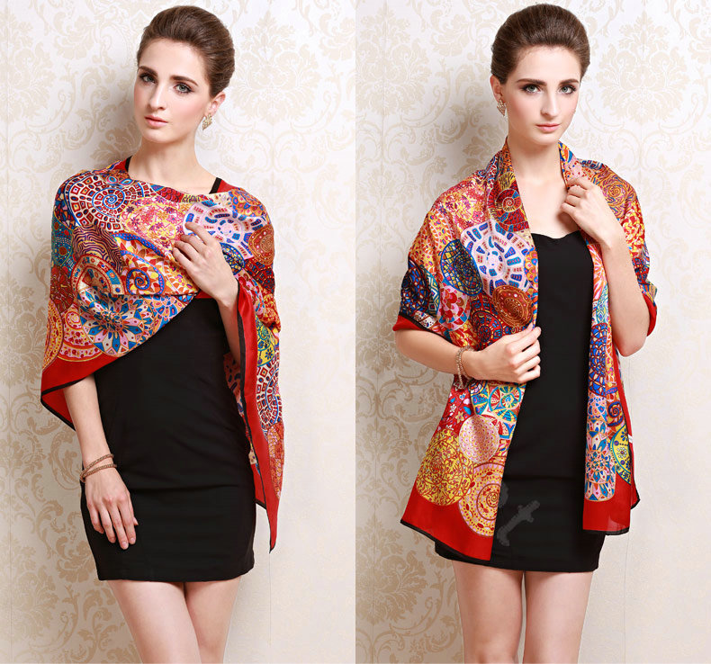 Luxury autumn and winter female long 100% mulberry silk print scarf shawl wrap - Red