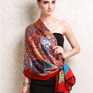 Luxury autumn and winter female long 100% mulberry silk print scarf shawl wrap - Red