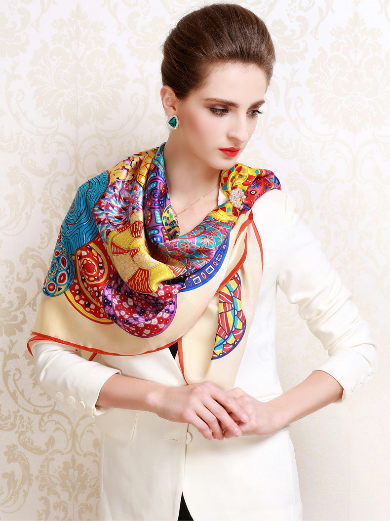 Luxury women autumn and winter 100% mulberry silk floral print scarf shawl wrap - Beige