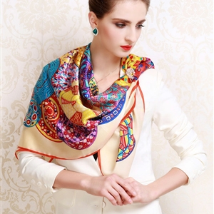 Luxury women autumn and winter 100% mulberry silk floral print scarf shawl wrap - Beige