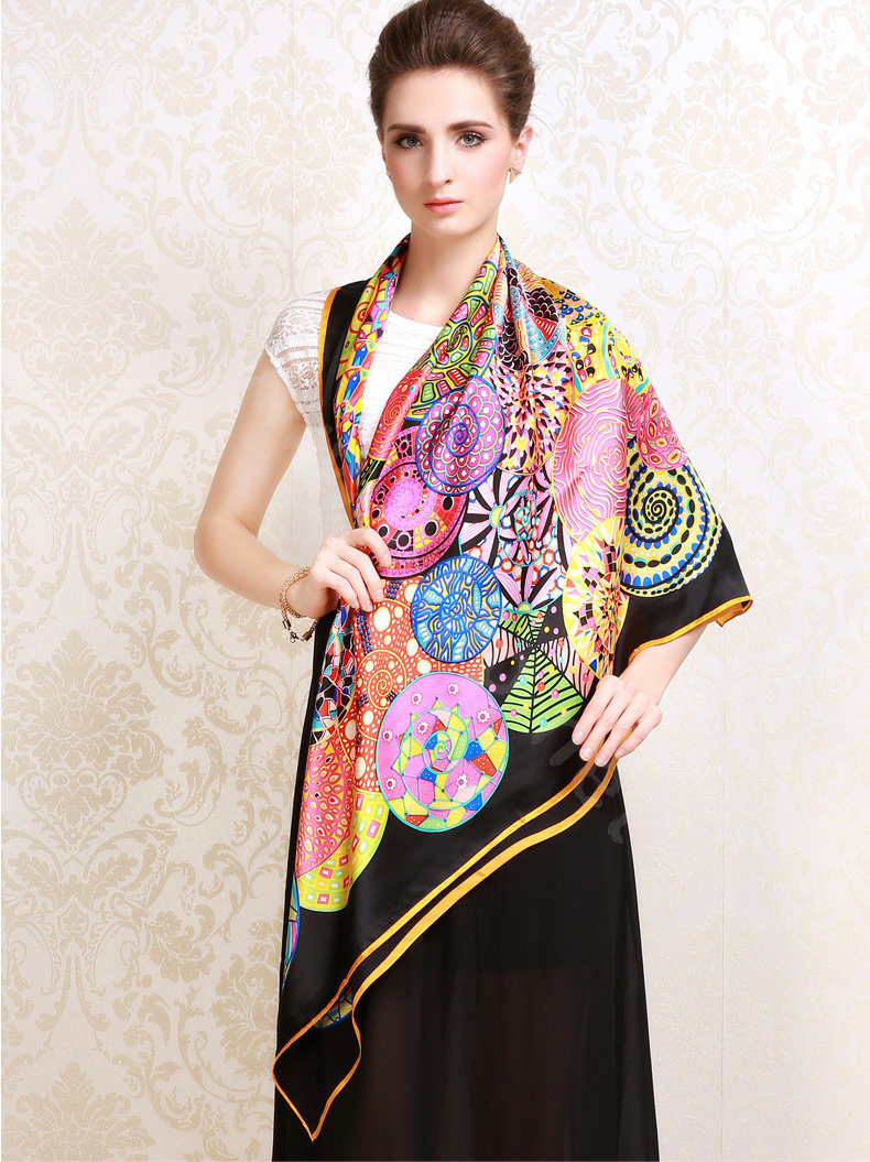 Luxury women autumn and winter 100% mulberry silk floral print scarf shawl wrap - Black