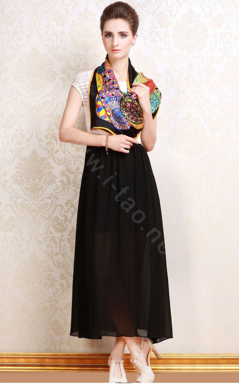 Luxury women autumn and winter 100% mulberry silk floral print scarf shawl wrap - Black