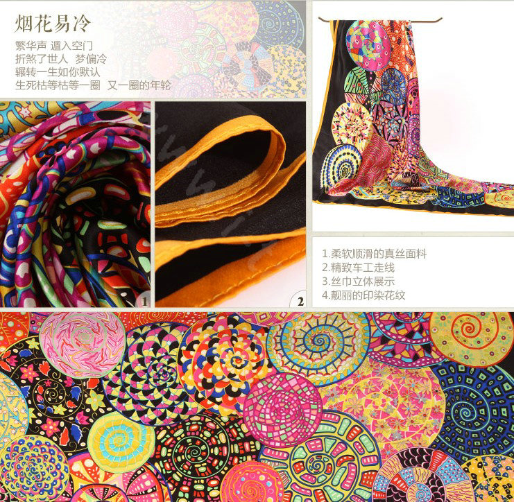 Luxury women autumn and winter 100% mulberry silk floral print scarf shawl wrap - Black