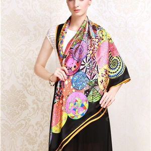 Luxury women autumn and winter 100% mulberry silk floral print scarf shawl wrap - Black