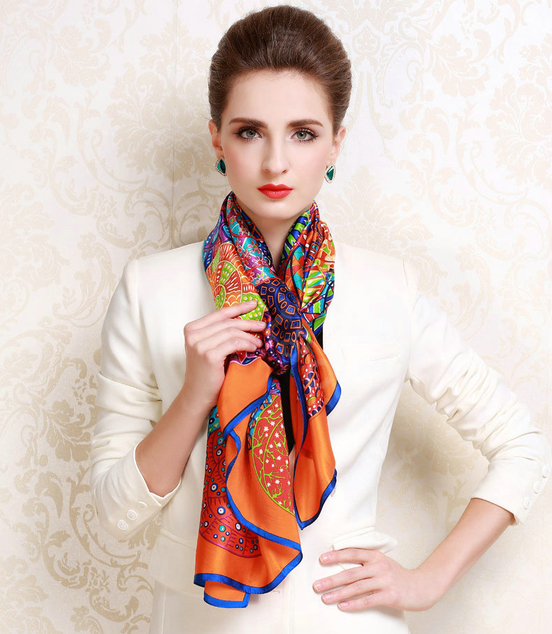 Luxury women autumn and winter 100% mulberry silk floral print scarf shawl wrap - Orange
