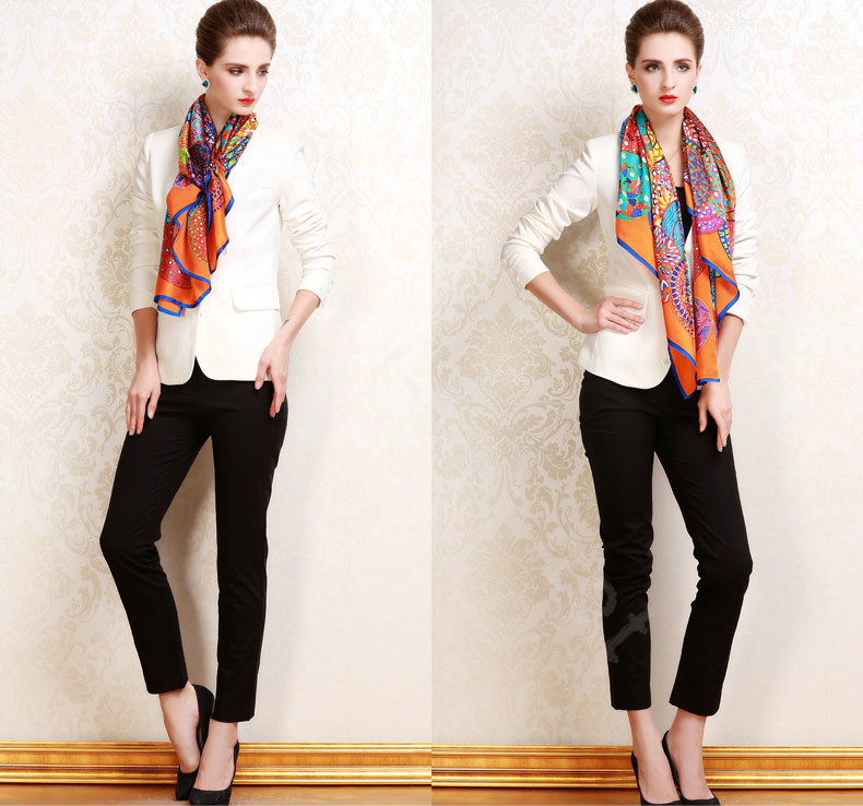 Luxury women autumn and winter 100% mulberry silk floral print scarf shawl wrap - Orange