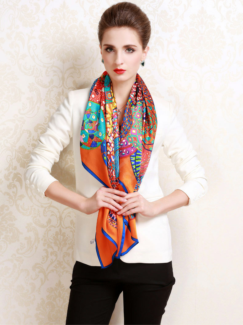 Luxury women autumn and winter 100% mulberry silk floral print scarf shawl wrap - Orange