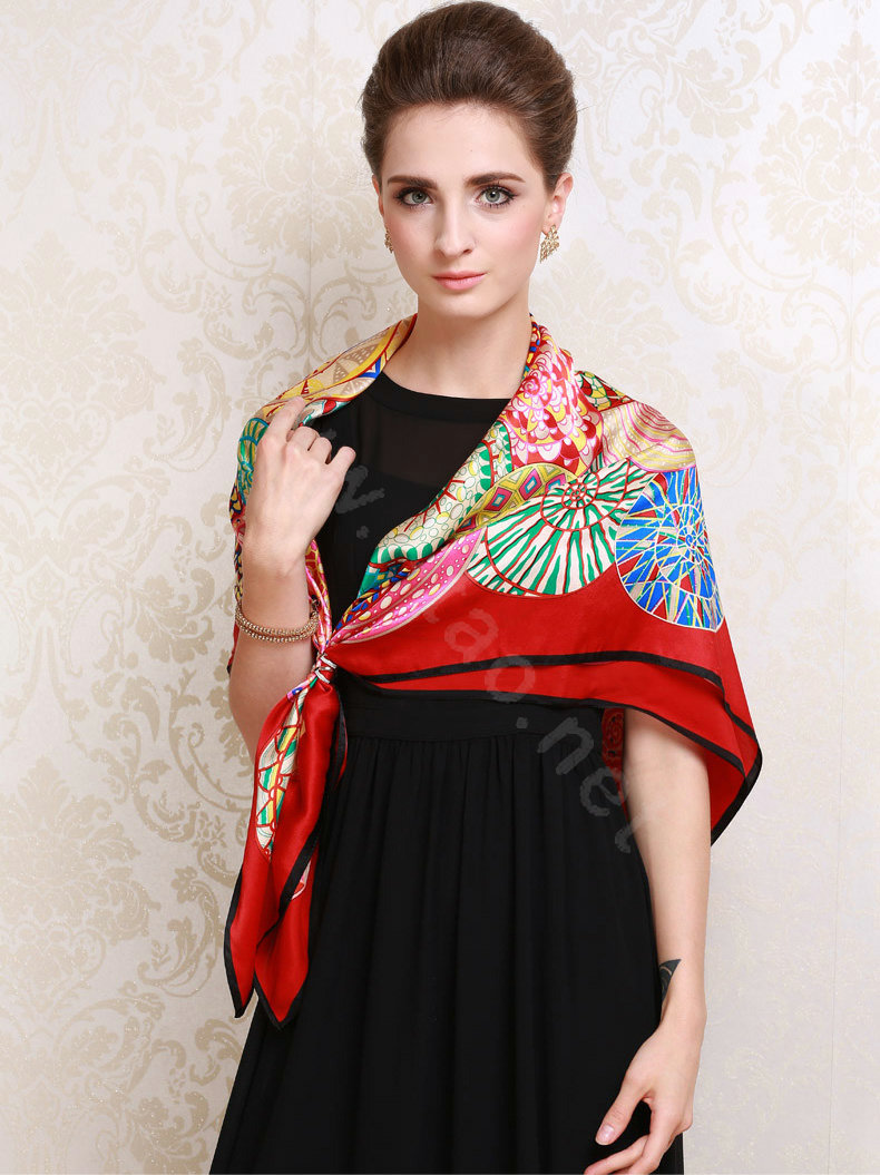 Luxury women autumn and winter 100% mulberry silk floral print scarf shawl wrap - Red