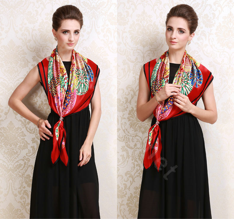 Luxury women autumn and winter 100% mulberry silk floral print scarf shawl wrap - Red