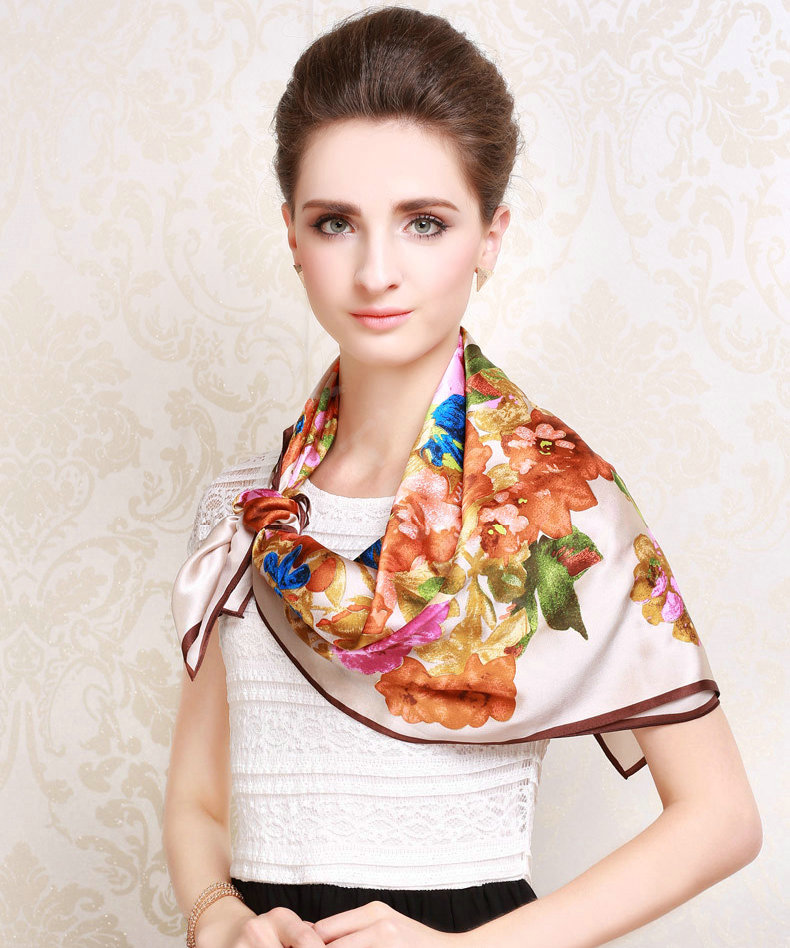 Luxury women autumn and winter 100% mulberry silk square floral print scarf shawl - Apricot