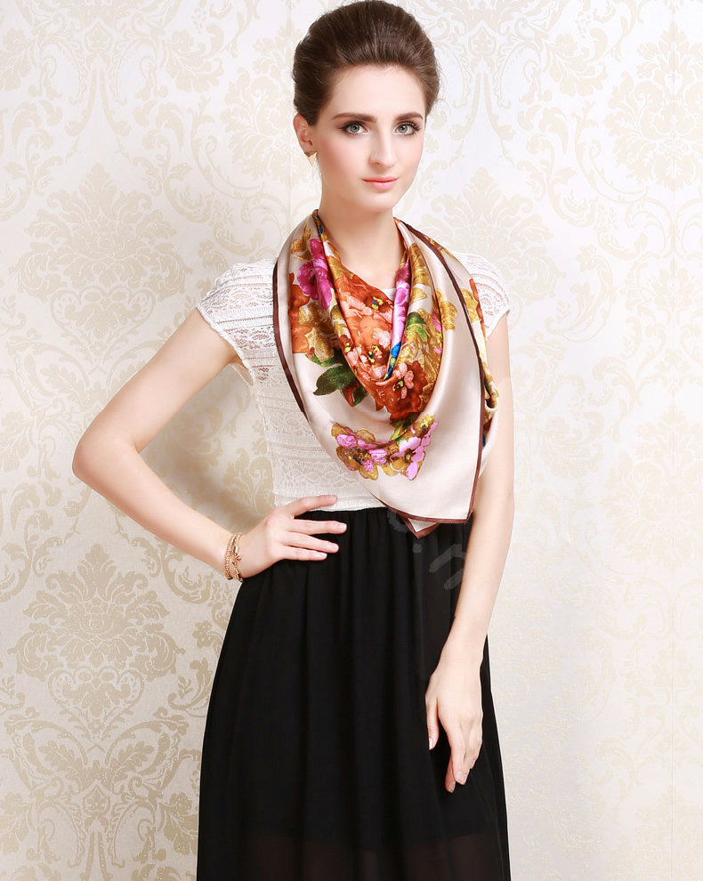 Luxury women autumn and winter 100% mulberry silk square floral print scarf shawl - Apricot