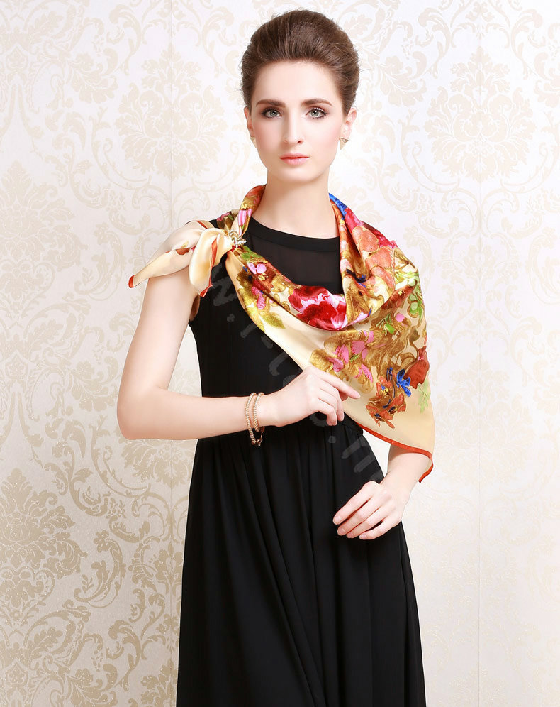 Luxury women autumn and winter 100% mulberry silk square floral print scarf shawl - Beige