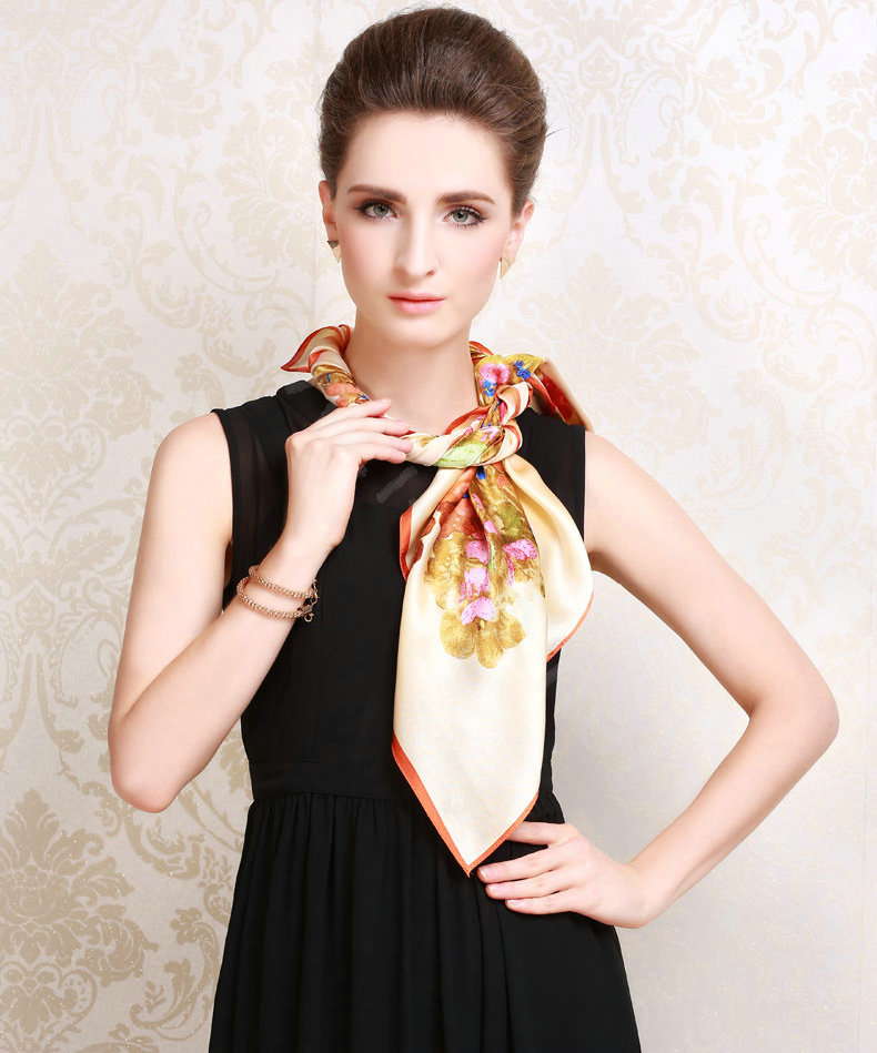 Luxury women autumn and winter 100% mulberry silk square floral print scarf shawl - Beige