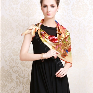 Luxury women autumn and winter 100% mulberry silk square floral print scarf shawl - Beige