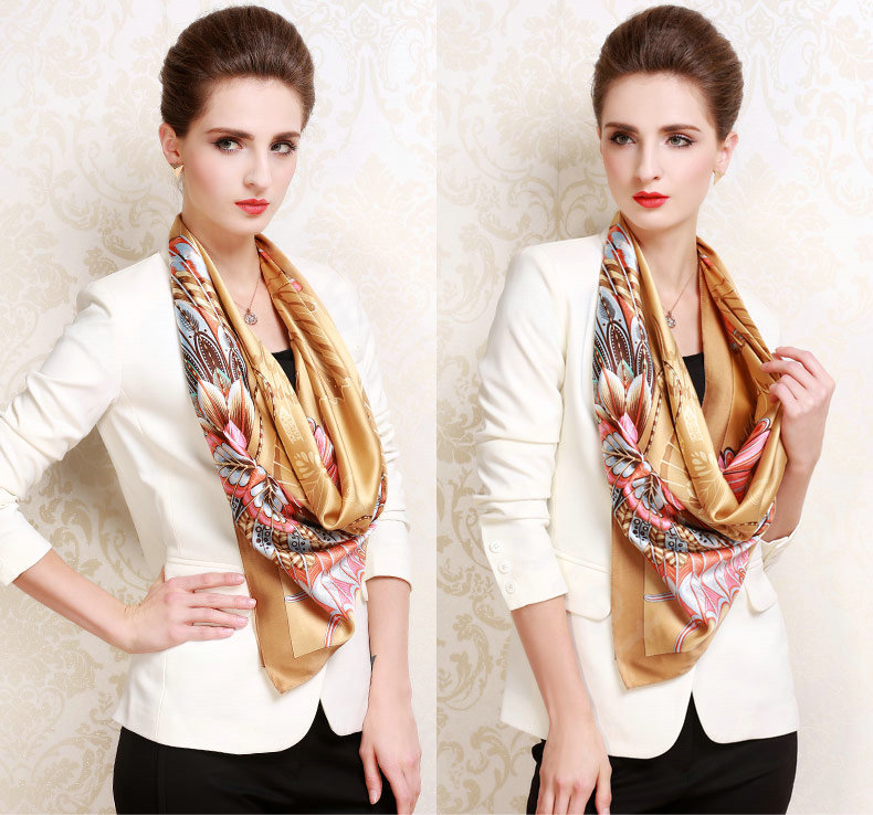 Luxury women autumn and winter 100% mulberry silk square floral print scarf shawl - Gold