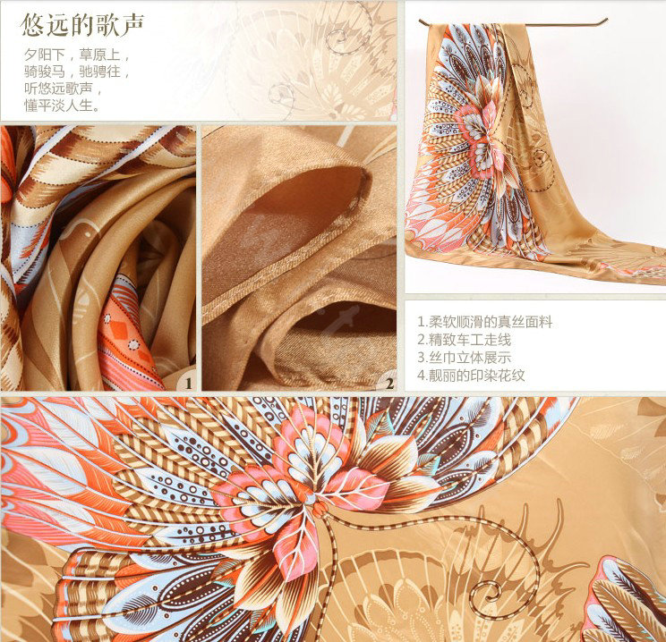Luxury women autumn and winter 100% mulberry silk square floral print scarf shawl - Gold