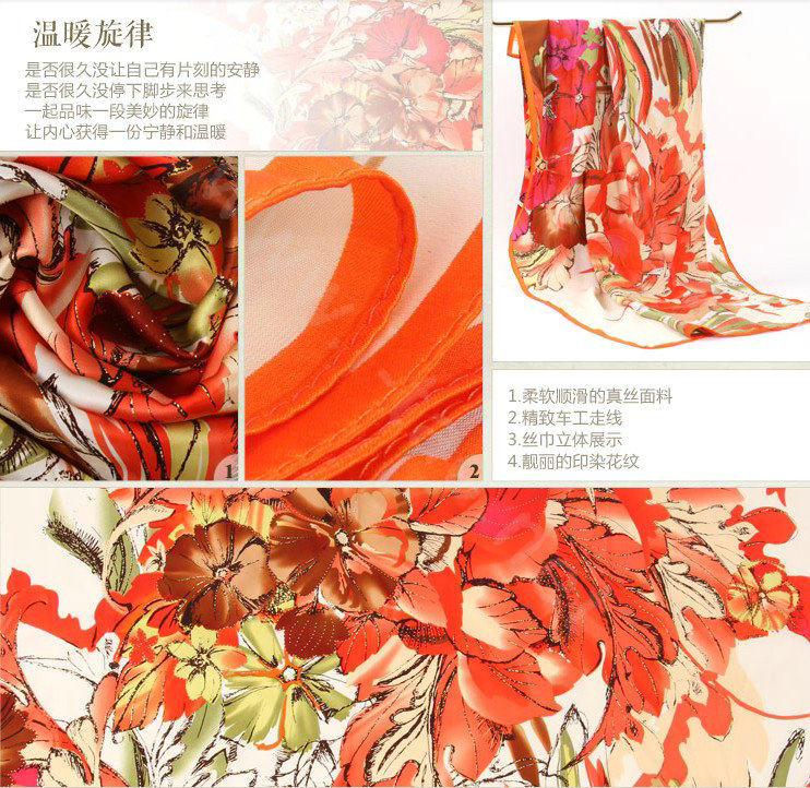 Luxury women autumn and winter 100% mulberry silk square floral print scarf shawl - Orange