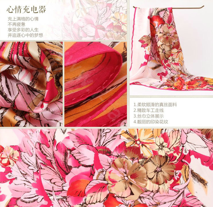 Luxury women autumn and winter 100% mulberry silk square floral print scarf shawl - Pink