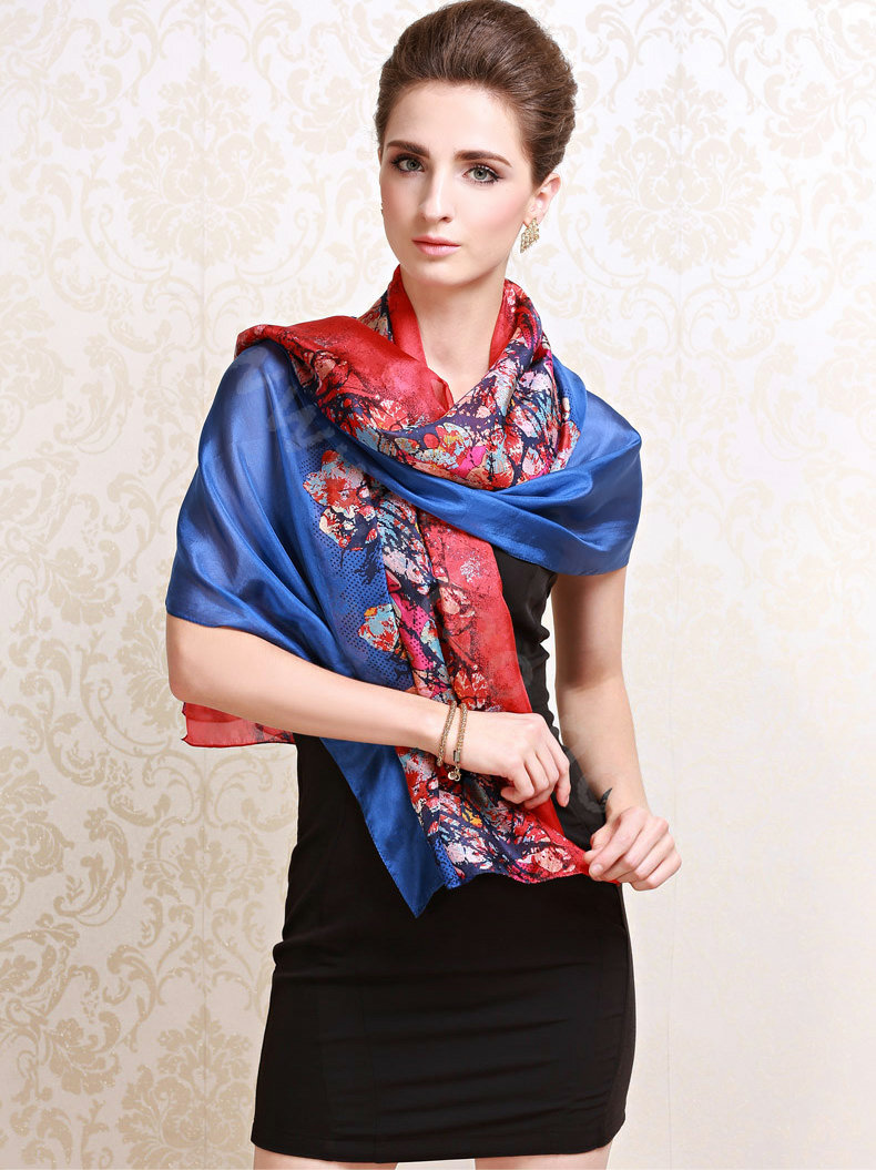 Luxury women autumn and winter long 100% mulberry silk floral print scarf shawl wrap - Blue