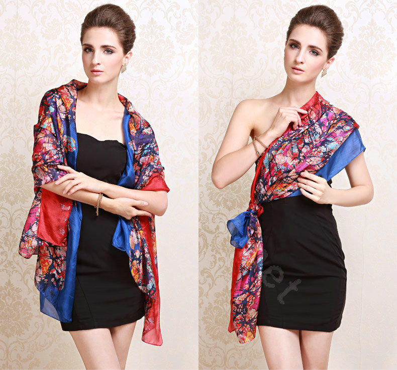 Luxury women autumn and winter long 100% mulberry silk floral print scarf shawl wrap - Blue