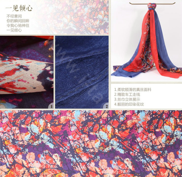 Luxury women autumn and winter long 100% mulberry silk floral print scarf shawl wrap - Blue