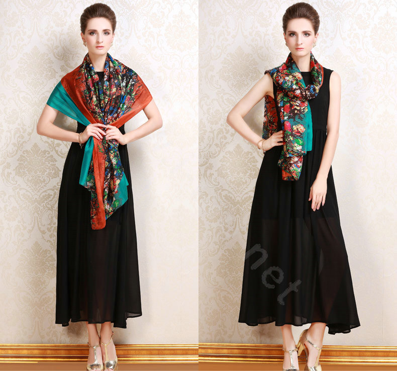 Luxury women autumn and winter long 100% mulberry silk floral print scarf shawl wrap - Green
