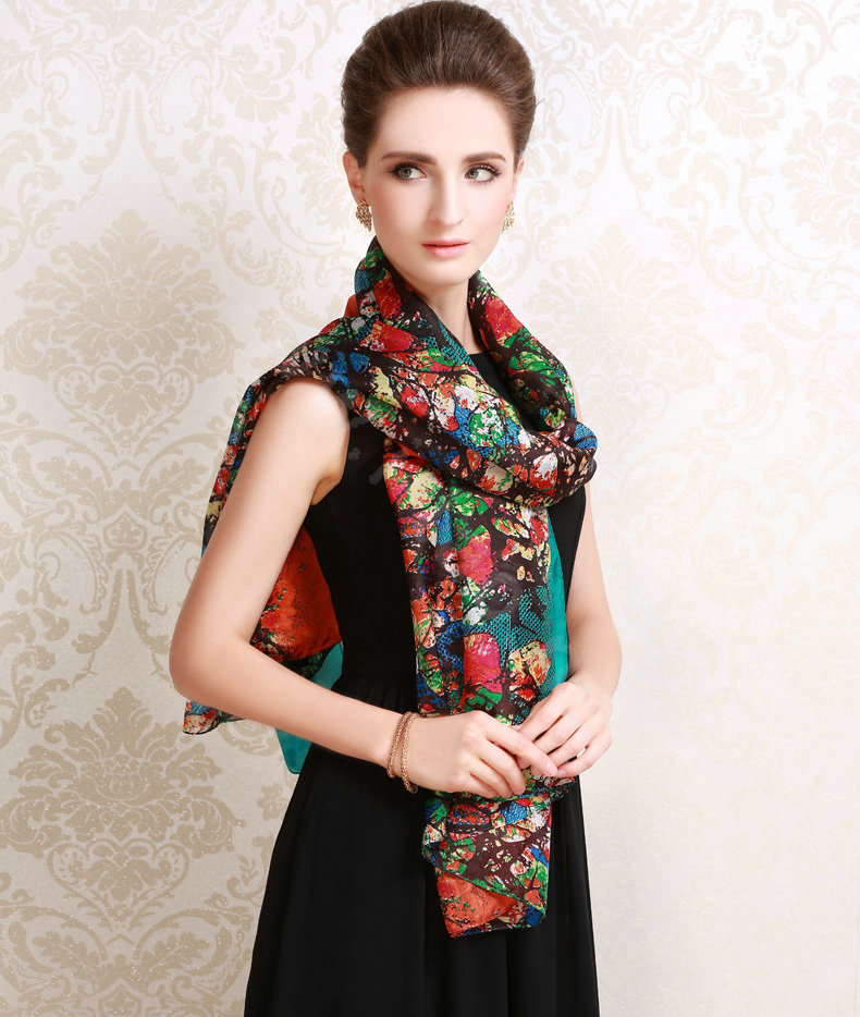 Luxury women autumn and winter long 100% mulberry silk floral print scarf shawl wrap - Green