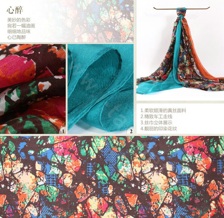 Luxury women autumn and winter long 100% mulberry silk floral print scarf shawl wrap - Green