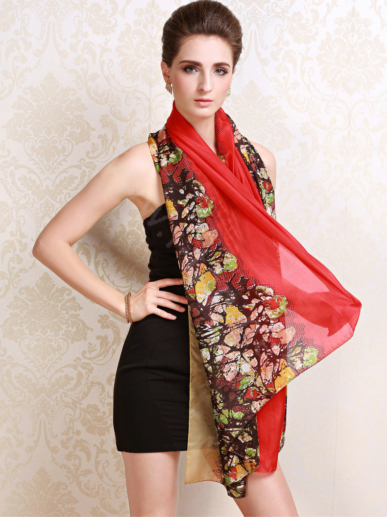 Luxury women autumn and winter long 100% mulberry silk floral print scarf shawl wrap - Red