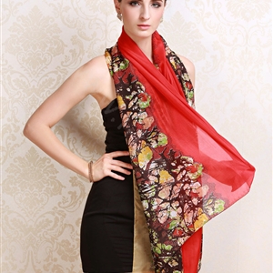 Luxury women autumn and winter long 100% mulberry silk floral print scarf shawl wrap - Red