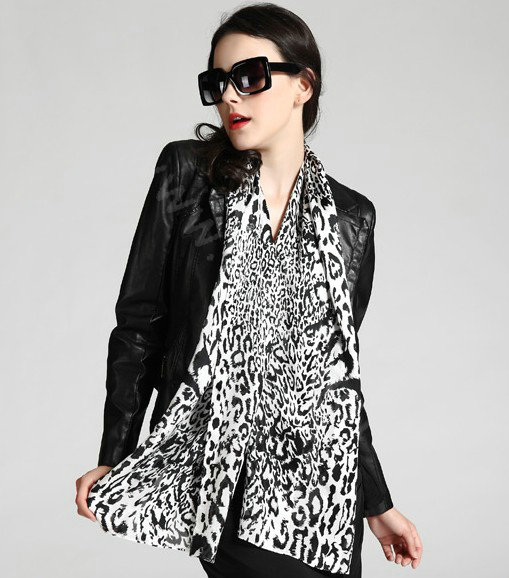 Luxury women autumn and winter long 100% mulberry silk leopard print scarf shawl - Black