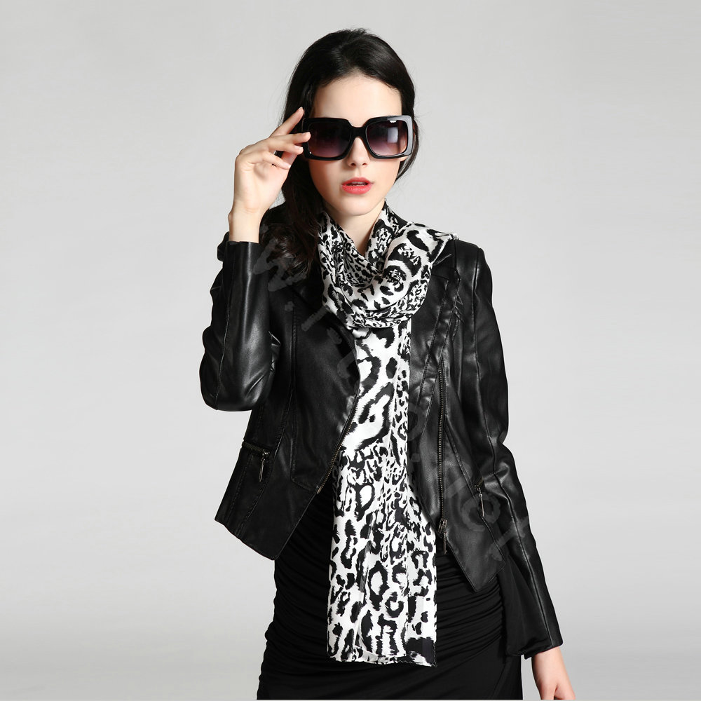 Luxury women autumn and winter long 100% mulberry silk leopard print scarf shawl - Black